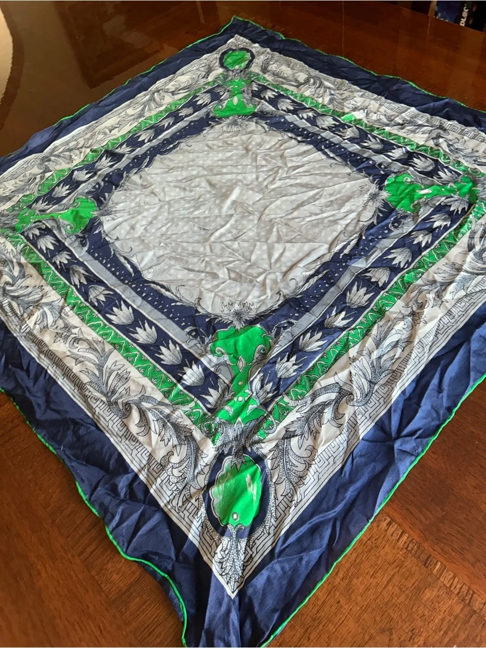 Green Navy and White Floral Silk Scarf 26“ x 26“ probably silk